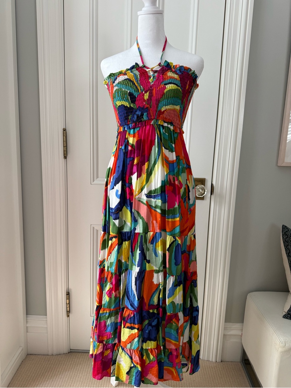 Aqua Multicolor Halter Midi Dress with Bold Abstract Print